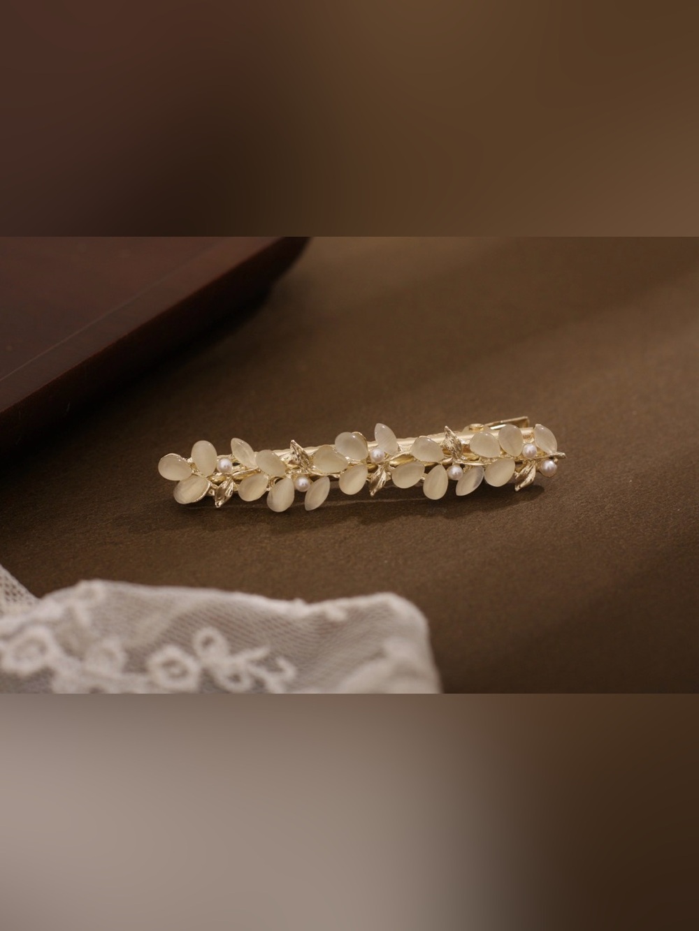 Gold and Cream Floral Hair Barrette with Pearl Accents